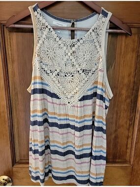 Maurices Crochet Yoke Striped Tank Top - Cream, Navy, Mustard, Pink